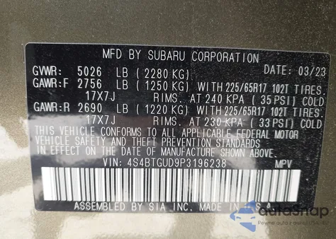 2023 Subaru Outback Wilderness z USA, uszkodzony, nr VIN 4S4BTGUD9P3196238